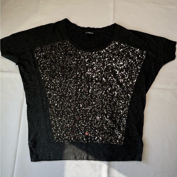 Express Gray Sequin Short Sleeve T-Shirt - Picture 2 of 6